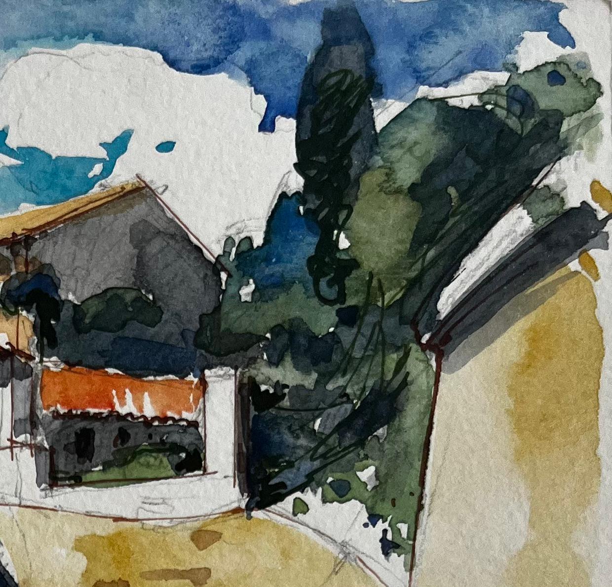 Chemin du village perché français Maisons ensoleillées Toits en terre cuite et ciel bleu - Gris Landscape Art par Pierre Neveu