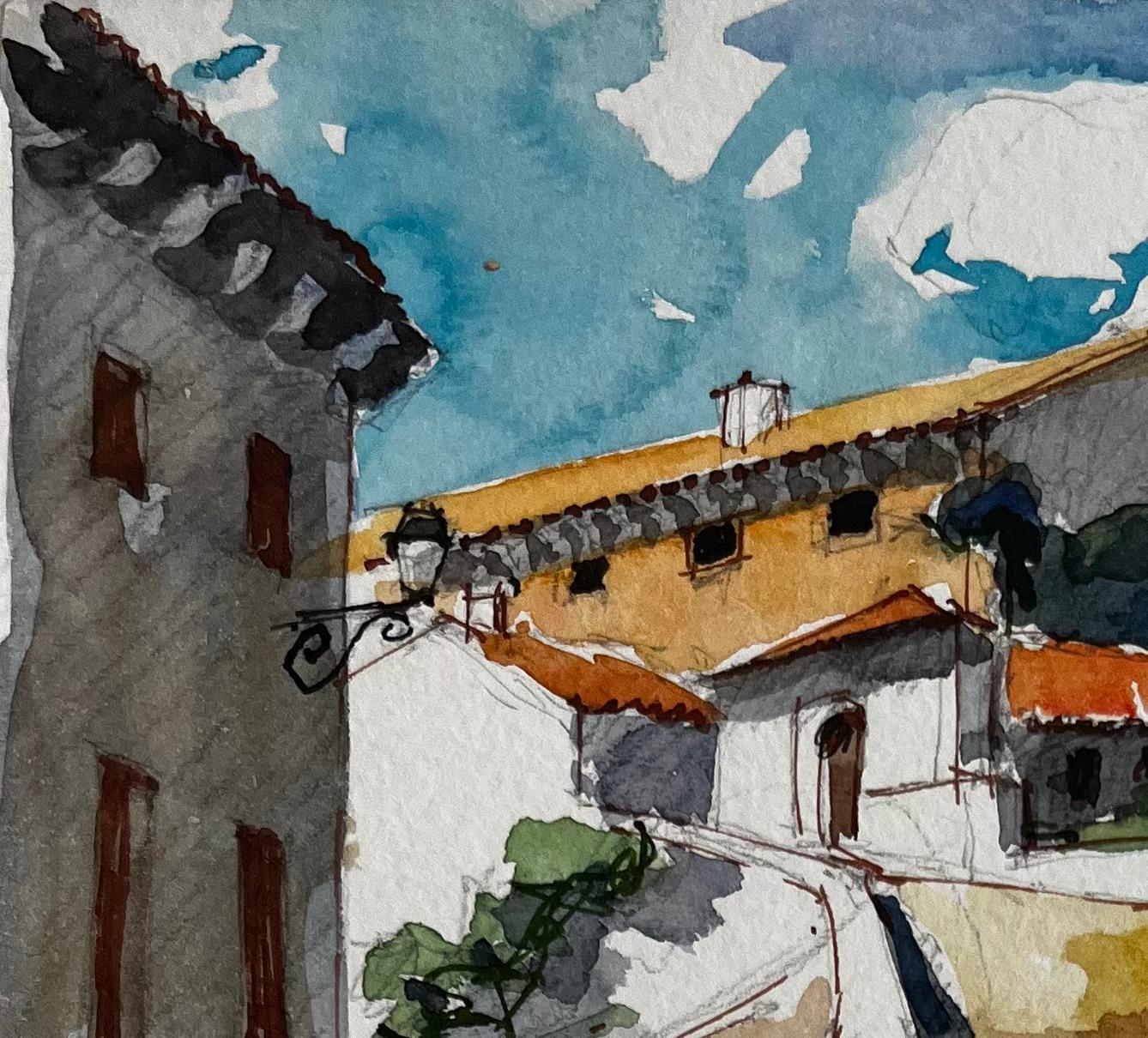 Chemin du village perché français Maisons ensoleillées Toits en terre cuite et ciel bleu - Post-impressionnisme Art par Pierre Neveu