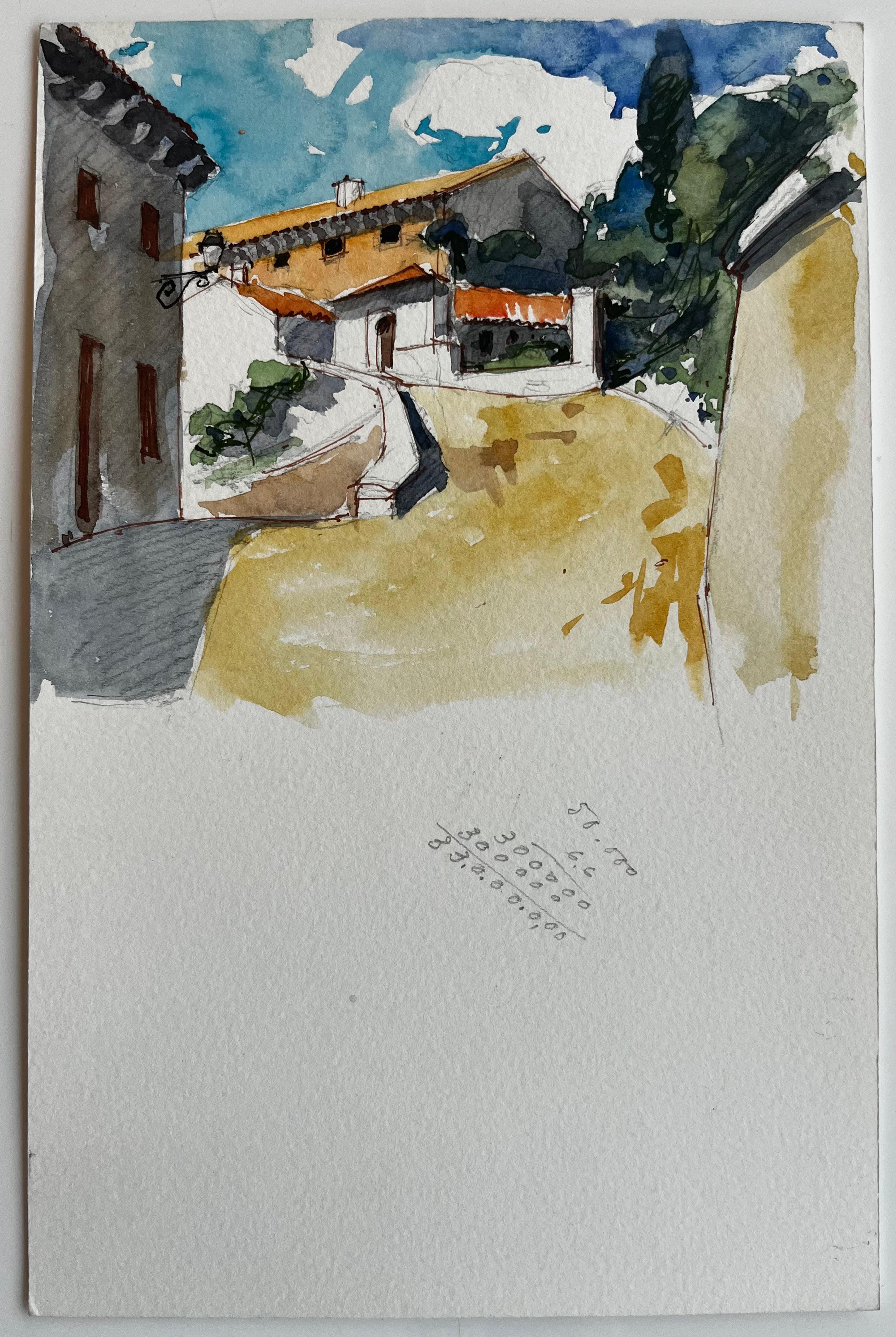 Chemin du village perché français Maisons ensoleillées Toits en terre cuite et ciel bleu - Art de Pierre Neveu