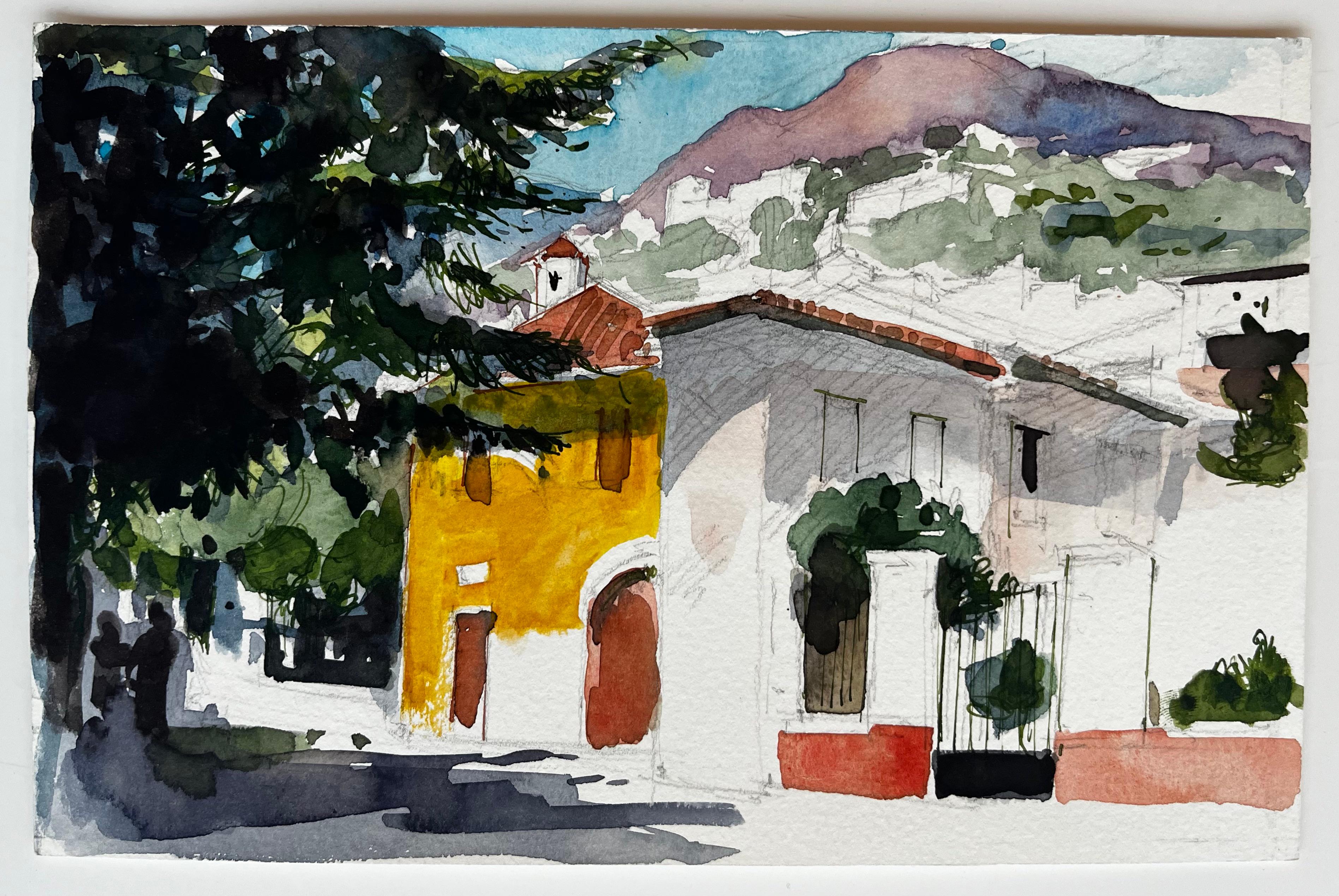 Maisons de campagne françaises Cyprès Vue sur la montagne et rue ensoleillée - Art de Pierre Neveu