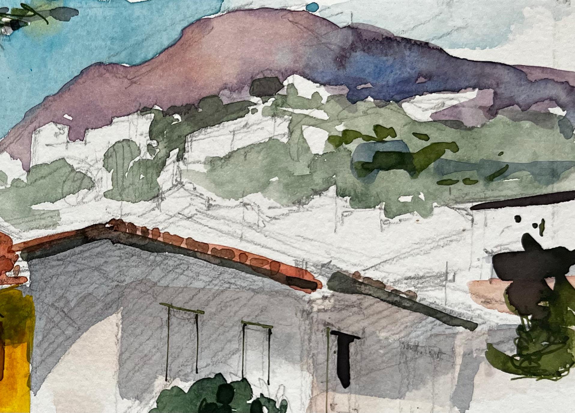 Maisons de campagne françaises Cyprès Vue sur la montagne et rue ensoleillée - Post-impressionnisme Art par Pierre Neveu