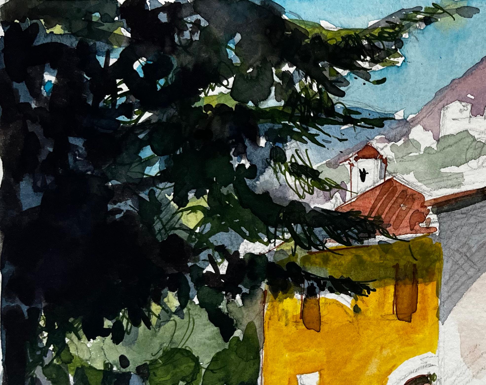 Maisons de campagne françaises Cyprès Vue sur la montagne et rue ensoleillée - Gris Landscape Art par Pierre Neveu