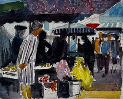 French Market Scene Flower Stall Vendor Striped Coat Umbrellas and Crowds