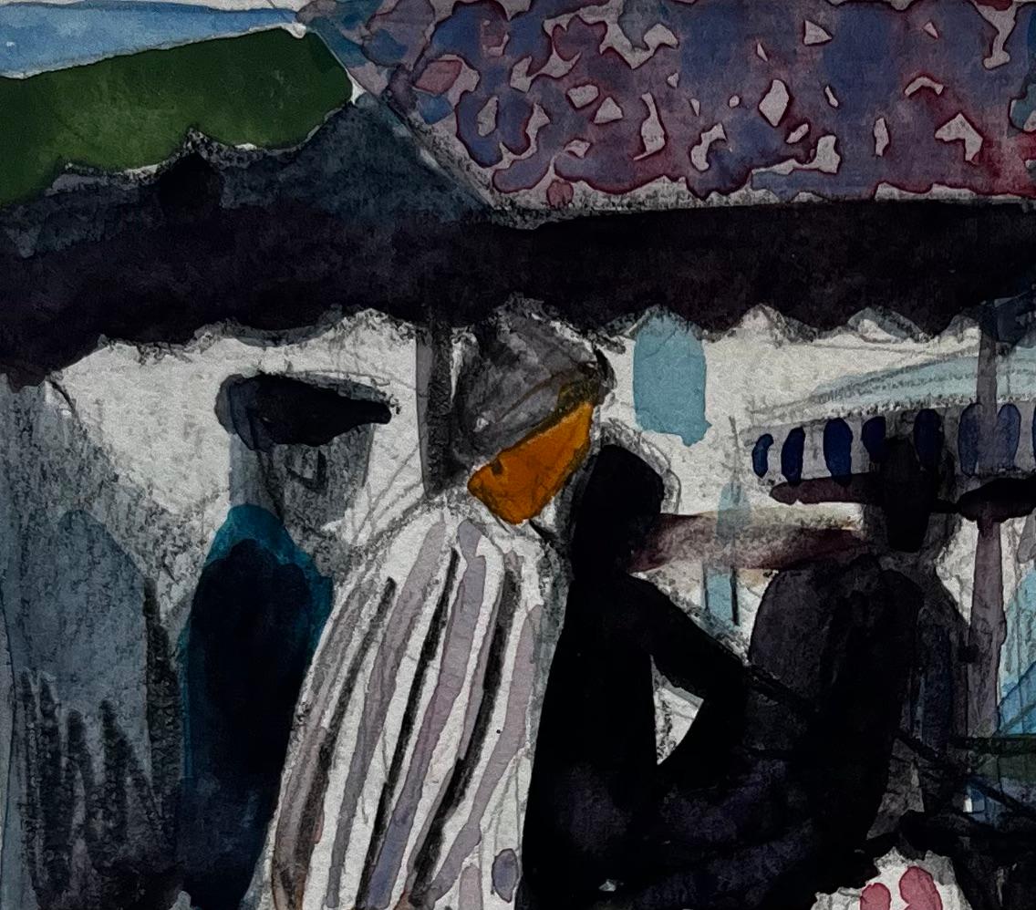 Escena de mercado francés Vendedor de puesto de flores Abrigo a rayas Paraguas y multitudes - Art de Pierre Neveu