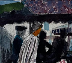 French Market Scene Flower Stall Vendor Striped Coat Umbrellas and Crowds