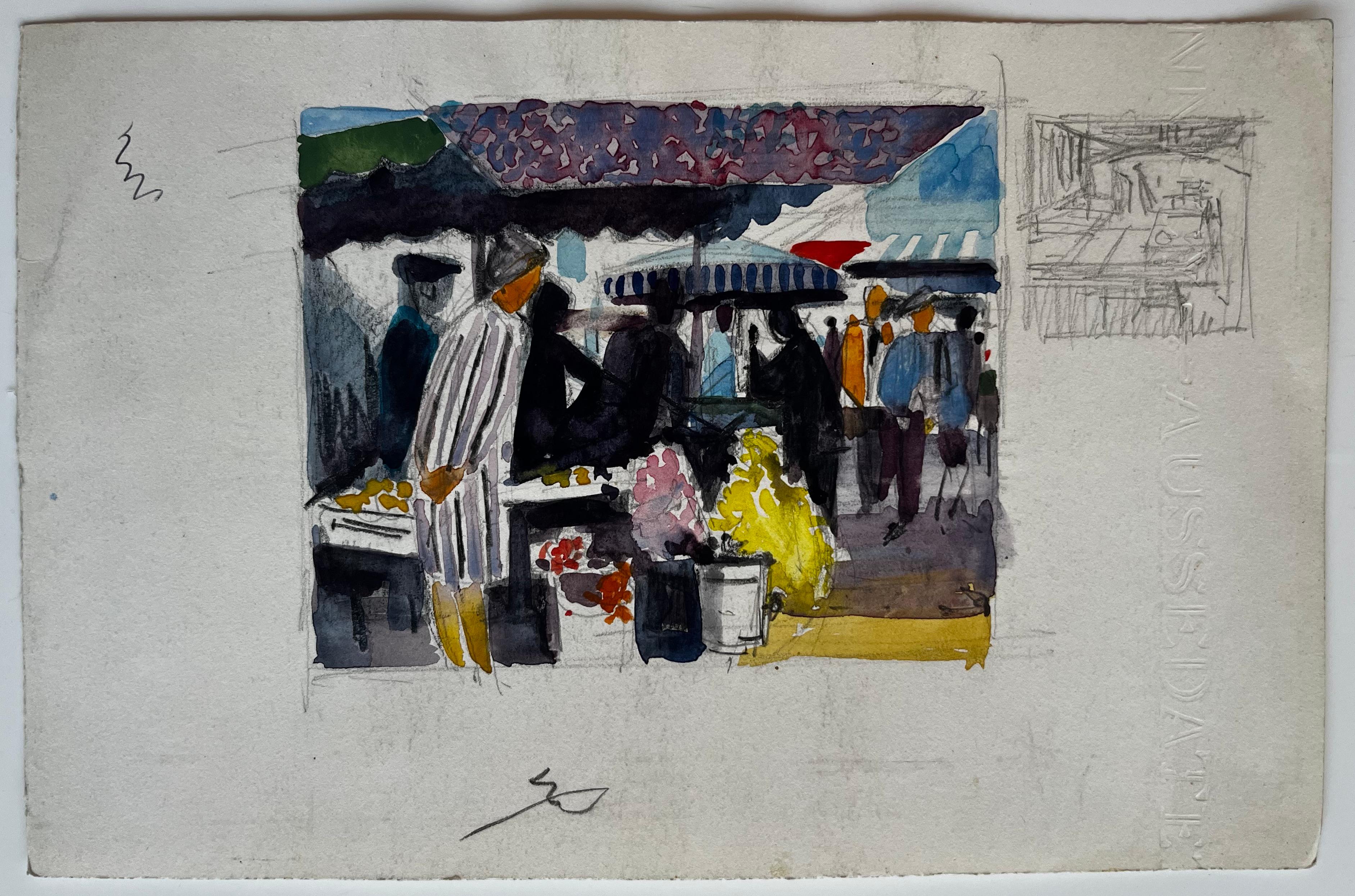 Escena de mercado francés Vendedor de puesto de flores Abrigo a rayas Paraguas y multitudes - Art Posimpresionista de Pierre Neveu