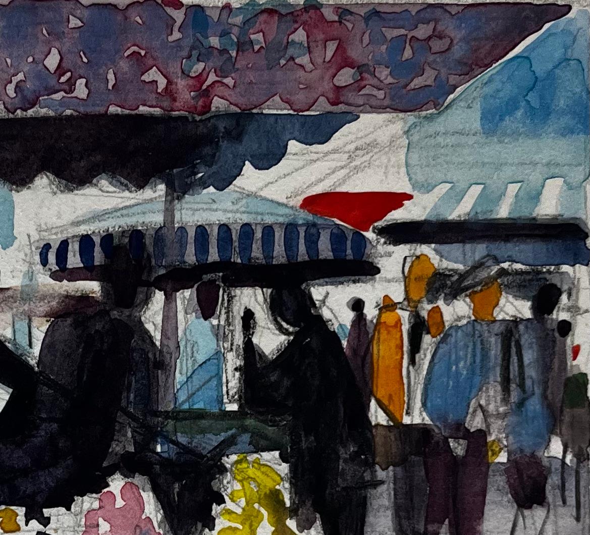 Título: Escena de mercado francés Vendedor de puestos de flores Abrigo a rayas Paraguas y multitudes
Artista: Pierre Neveu (francés n.1929)
Técnica: Acuarela sobre papel de artista, sin enmarcar
Tamaño (A x A): 6,25 x 9,75 pulgadas
Estado: Bueno en