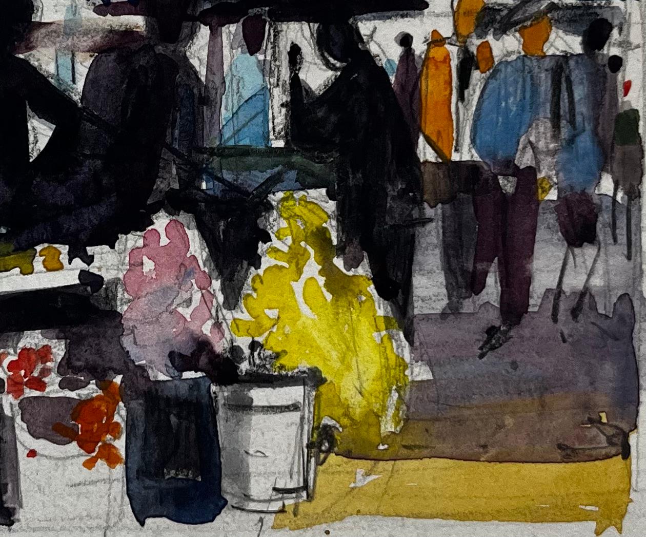 Escena de mercado francés Vendedor de puesto de flores Abrigo a rayas Paraguas y multitudes - Landscape Art Negro de Pierre Neveu