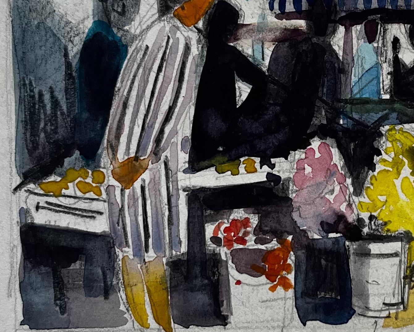 Escena de mercado francés Vendedor de puesto de flores Abrigo a rayas Paraguas y multitudes en venta 1