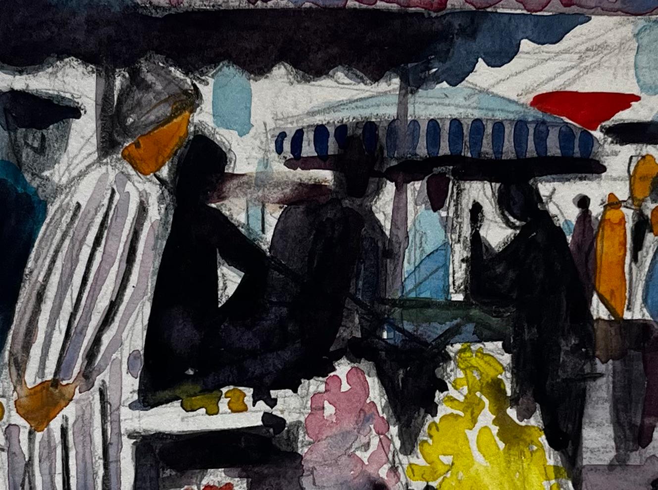 Escena de mercado francés Vendedor de puesto de flores Abrigo a rayas Paraguas y multitudes en venta 2