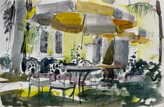 Used French Garden Terrace Yellow House Sunlit Umbrellas Table and Chairs Watercolor