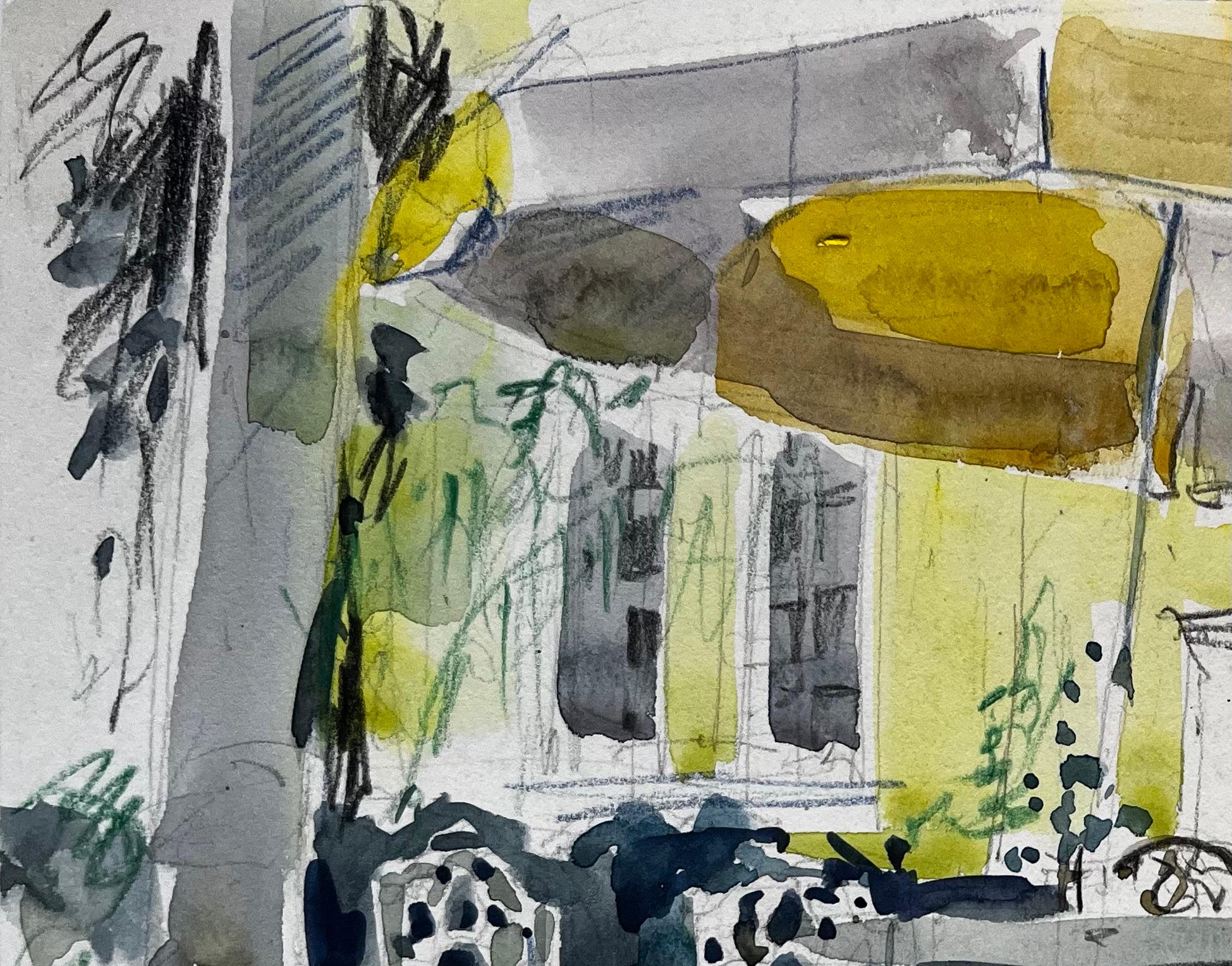 French House & Garden Garden jaune Maison ensoleillée Parapluies Table et chaises Aquarelle - Post-impressionnisme Art par Pierre Neveu