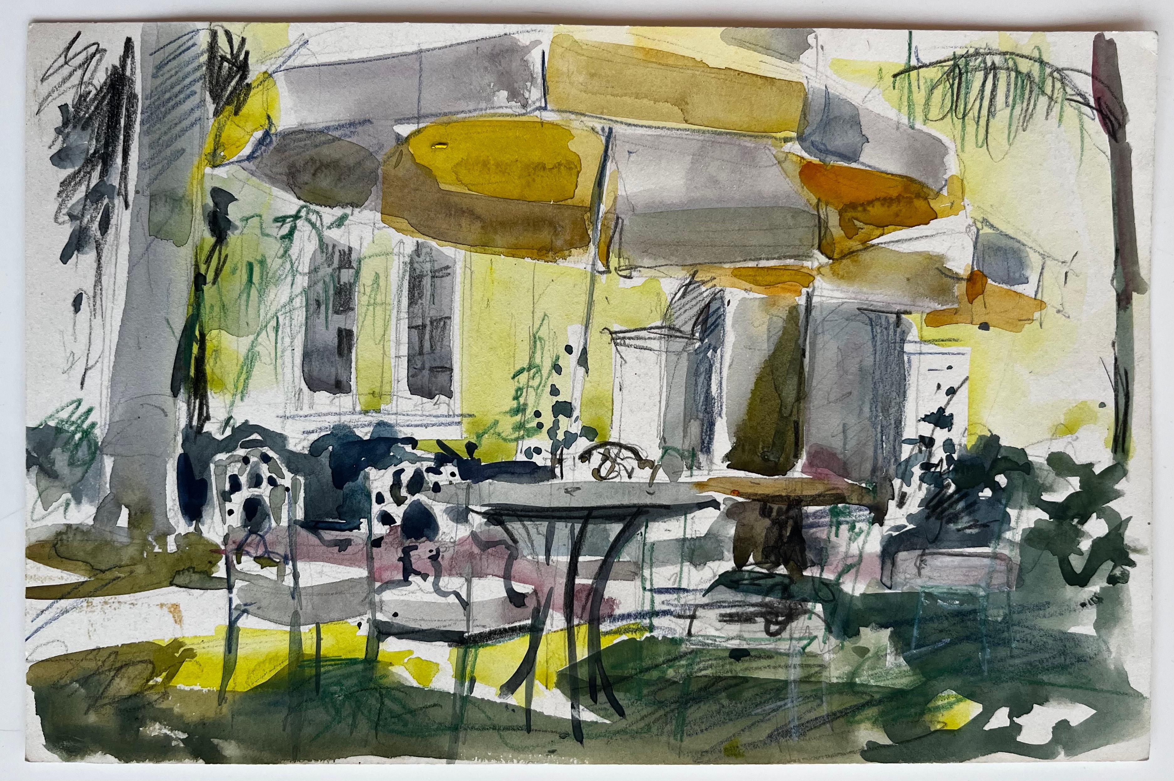 French House & Garden Garden jaune Maison ensoleillée Parapluies Table et chaises Aquarelle - Art de Pierre Neveu