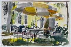 French Garden Terrace Yellow House Sunlit Umbrellas Table and Chairs Watercolor