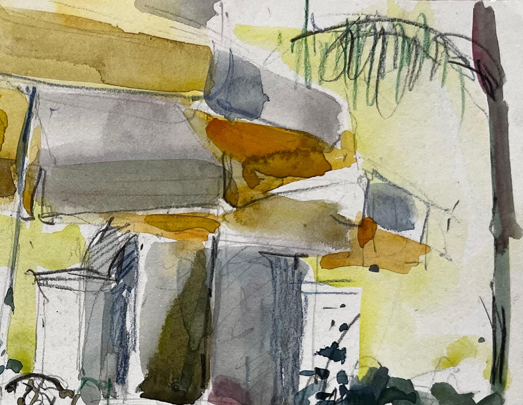 French House & Garden Garden jaune Maison ensoleillée Parapluies Table et chaises Aquarelle - Jaune Landscape Art par Pierre Neveu