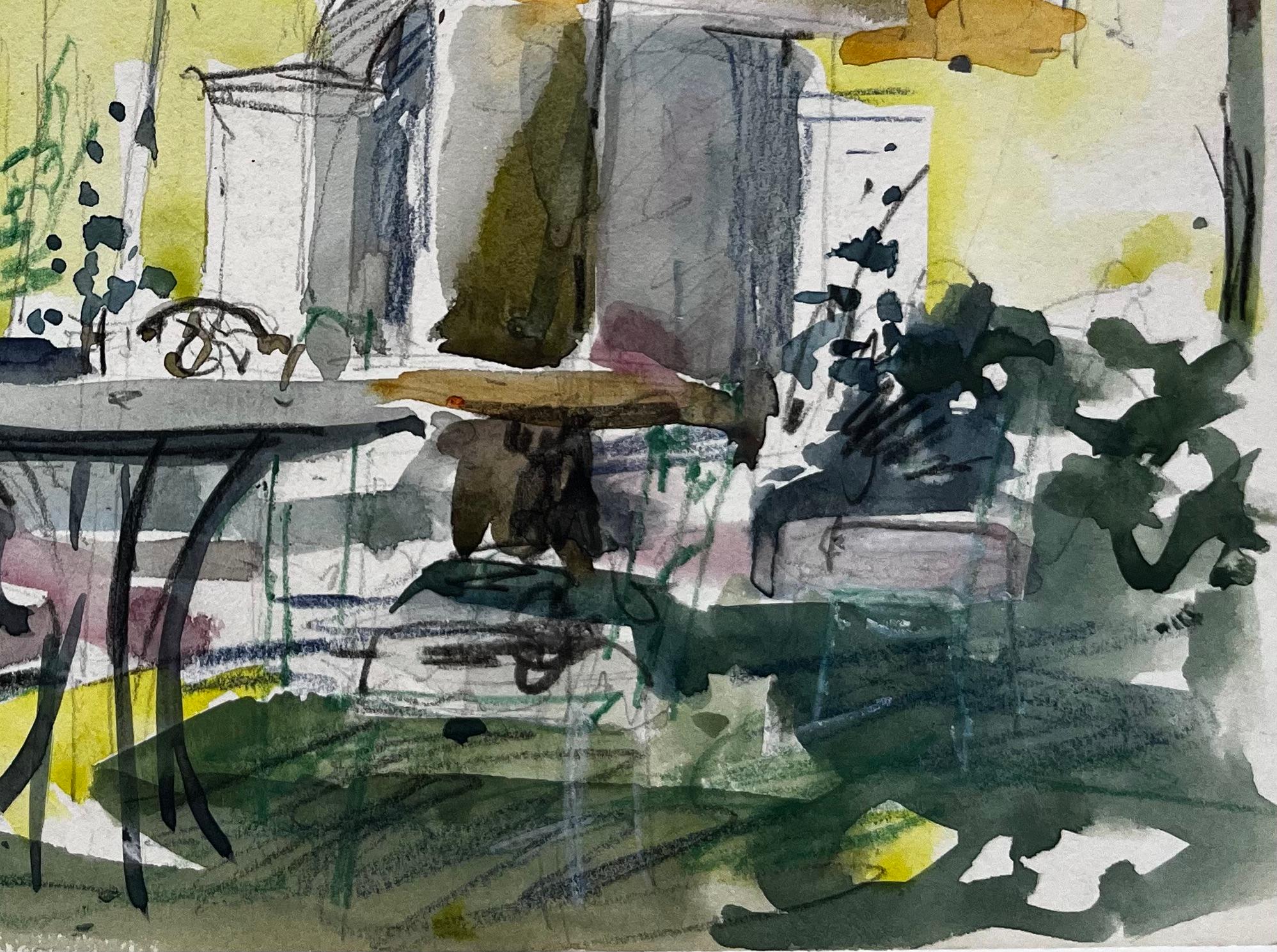 Titre : Jardin français Terrasse Maison jaune Parapluies Table et chaises ensoleillés Aquarelle
Artistics : Pierre Neveu (français né en 1929)
Moyen d'expression : Aquarelle sur papier d'artiste, non encadrée
Taille (H x L) : 6.25 x 9.75