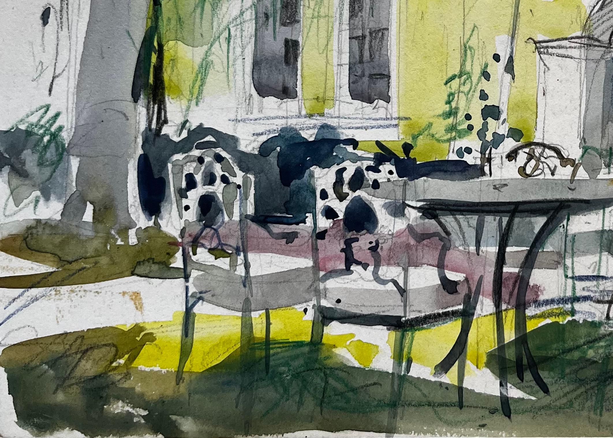 French House & Garden Garden jaune Maison ensoleillée Parapluies Table et chaises Aquarelle en vente 1