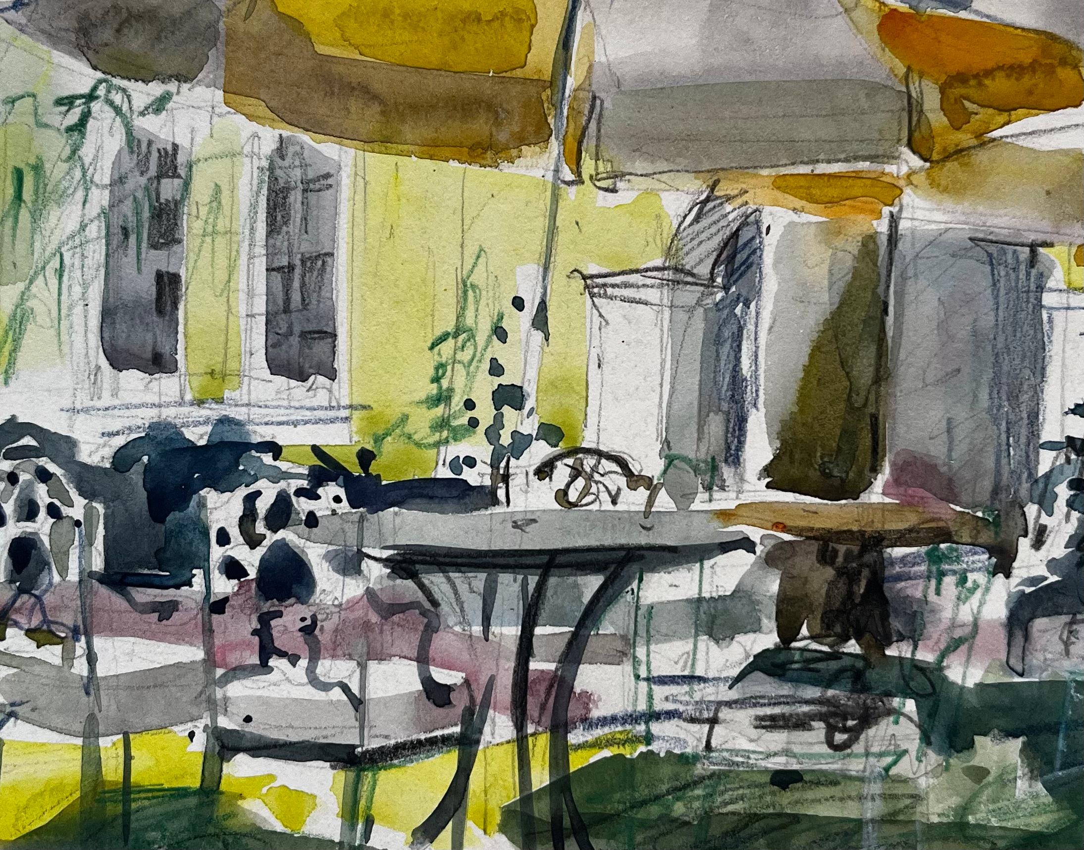 French House & Garden Garden jaune Maison ensoleillée Parapluies Table et chaises Aquarelle en vente 2