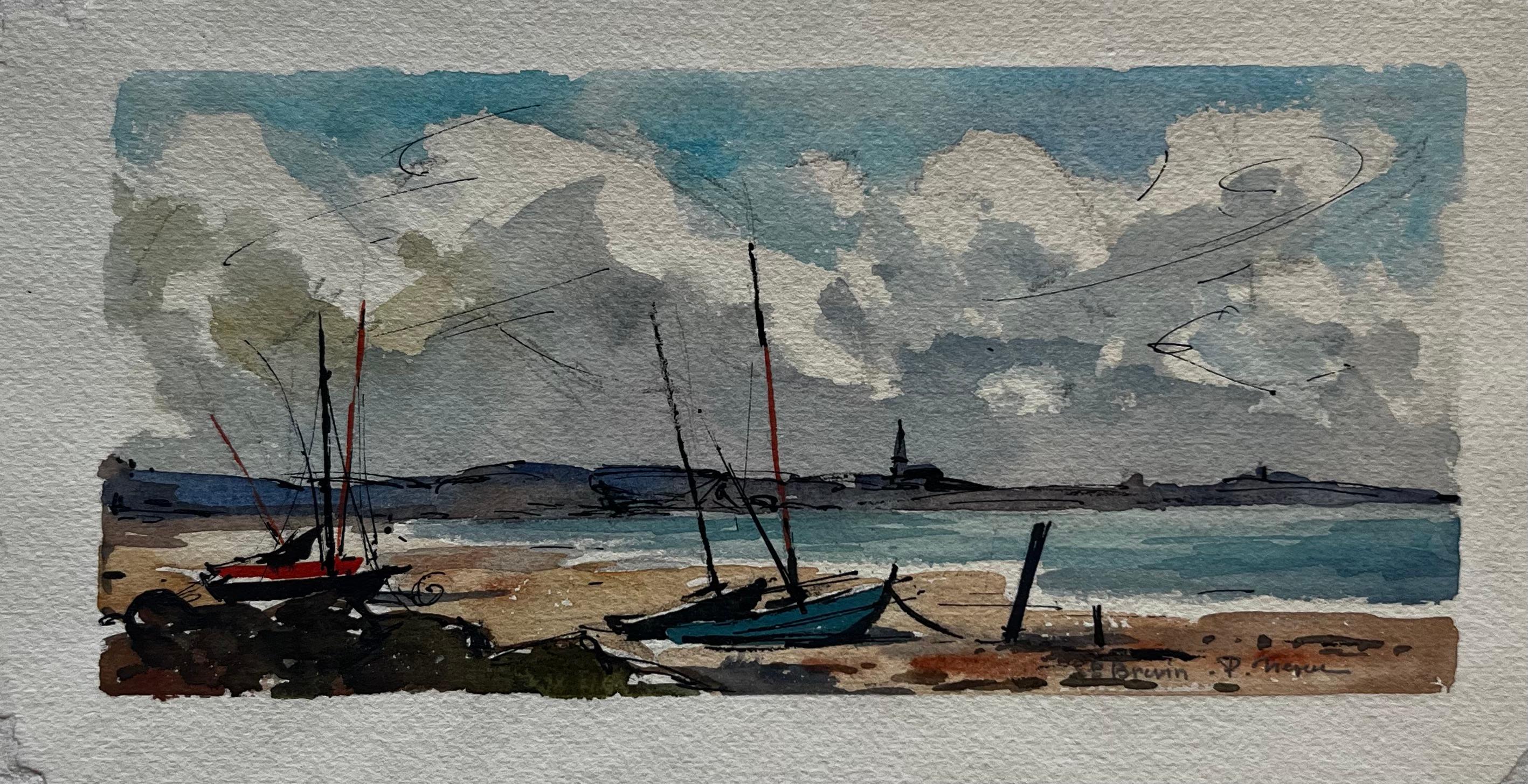 French Coastal Boats Low Tide Beach Shoreline Fishing Vessels and Sky Watercolor