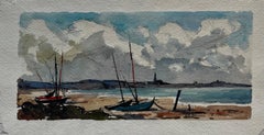 French Coastal Boats Low Tide Beach Shoreline Fishing Vessels and Sky Watercolor