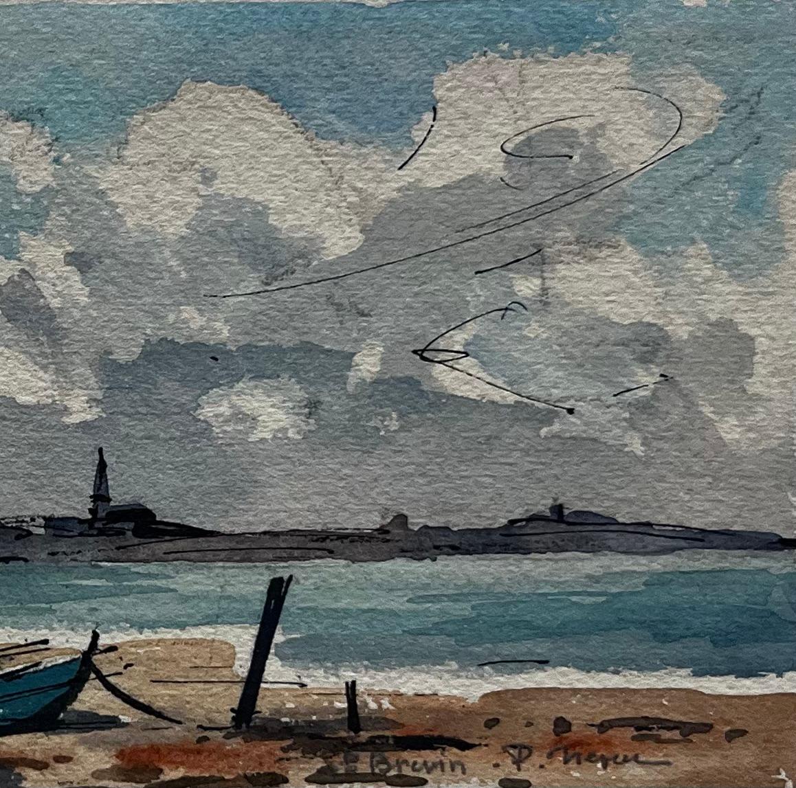 Titre : Bateaux de la côte française marée basse plage littoral bateaux de pêche et ciel aquarelle
Artistics : Pierre Neveu (français né en 1929)
Moyen d'expression : Aquarelle sur papier d'artiste, montée sur une ancienne carte de support, non