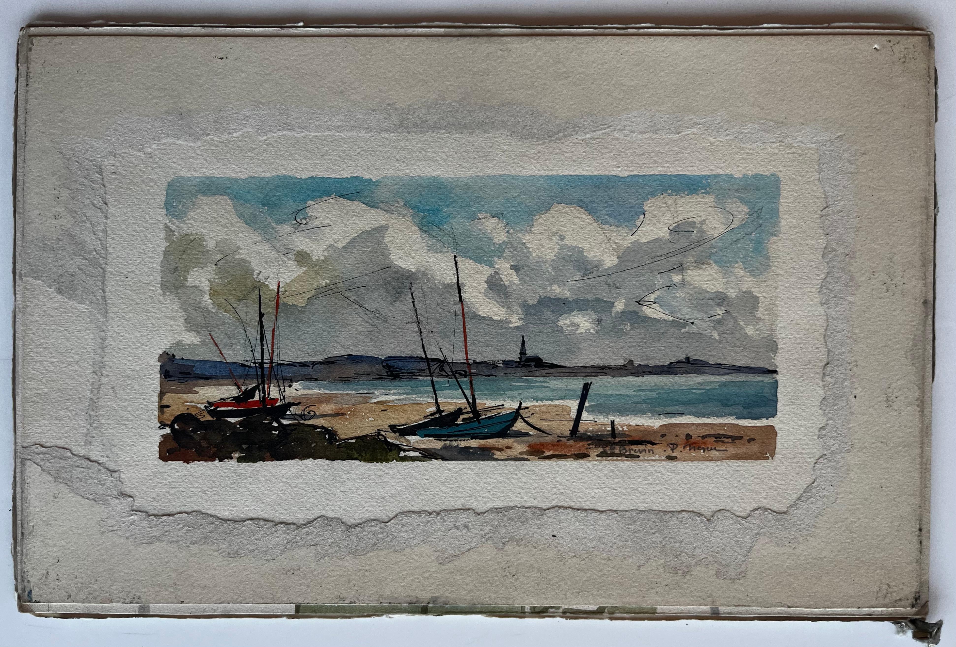 Bateaux de la côte française Marée basse Plage Rivage Bateaux de pêche et ciel Aquarelle - Art de Pierre Neveu