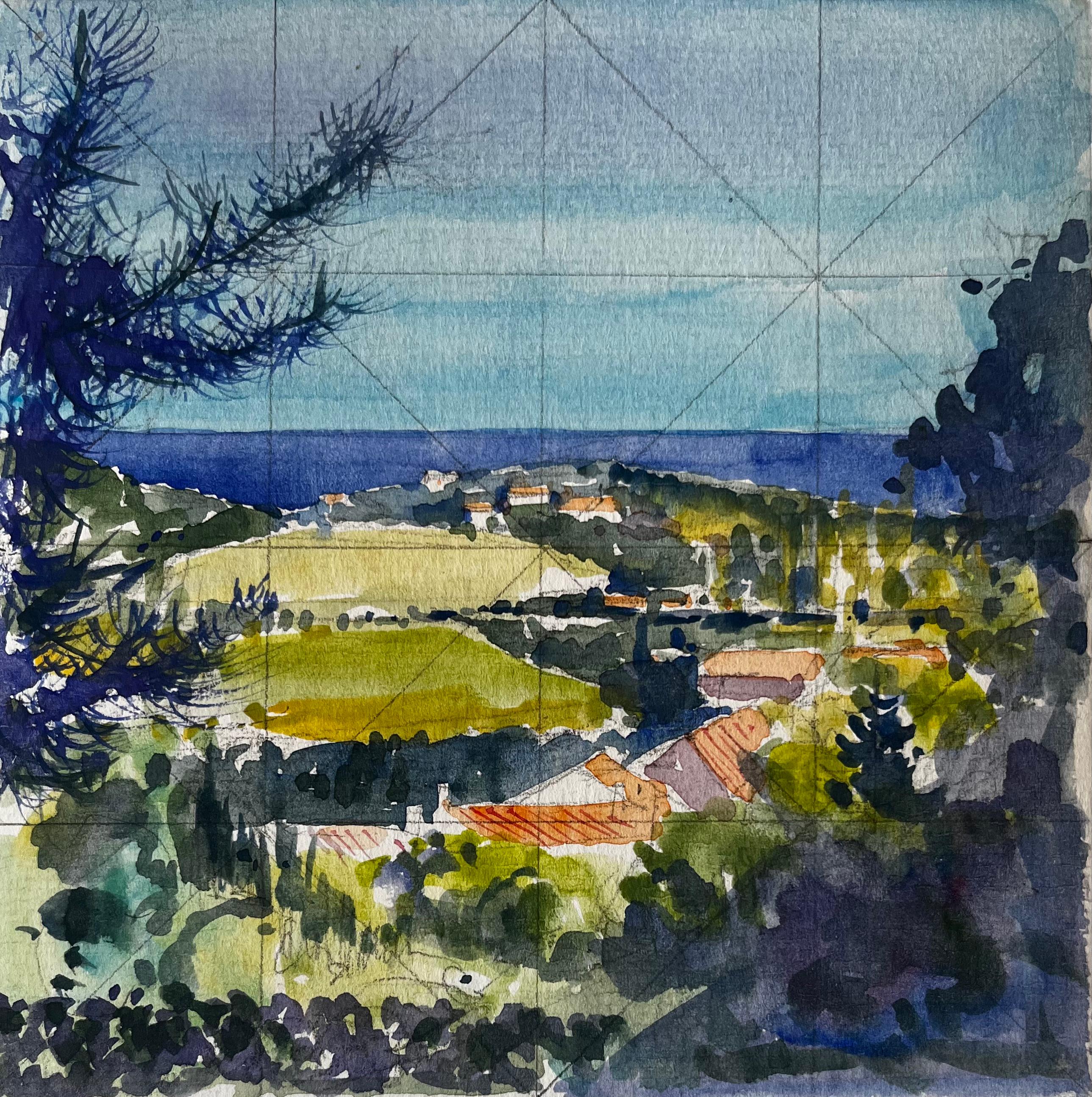 Chateauneuf Paisaje Vista Ladera Viñedos Franceses Horizonte Mar y Pueblo