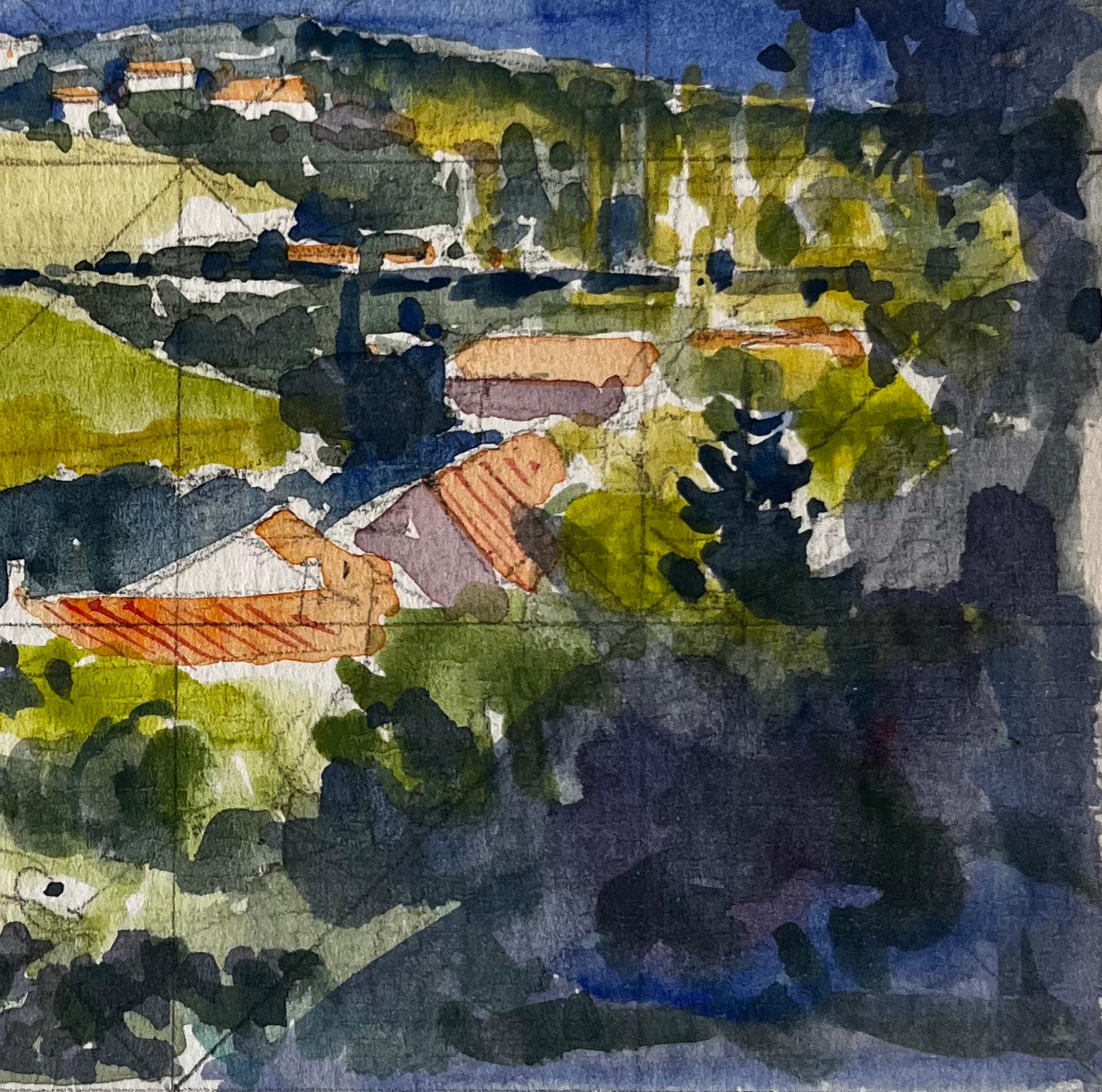 Chateauneuf Landscape Hillside View French Vineyards Sea Horizon and Village - Post-impressionnisme Painting par Pierre Neveu