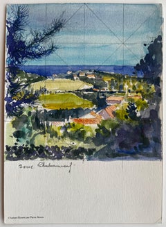 Chateauneuf Landscape Hillside View French Vineyards Sea Horizon and Village