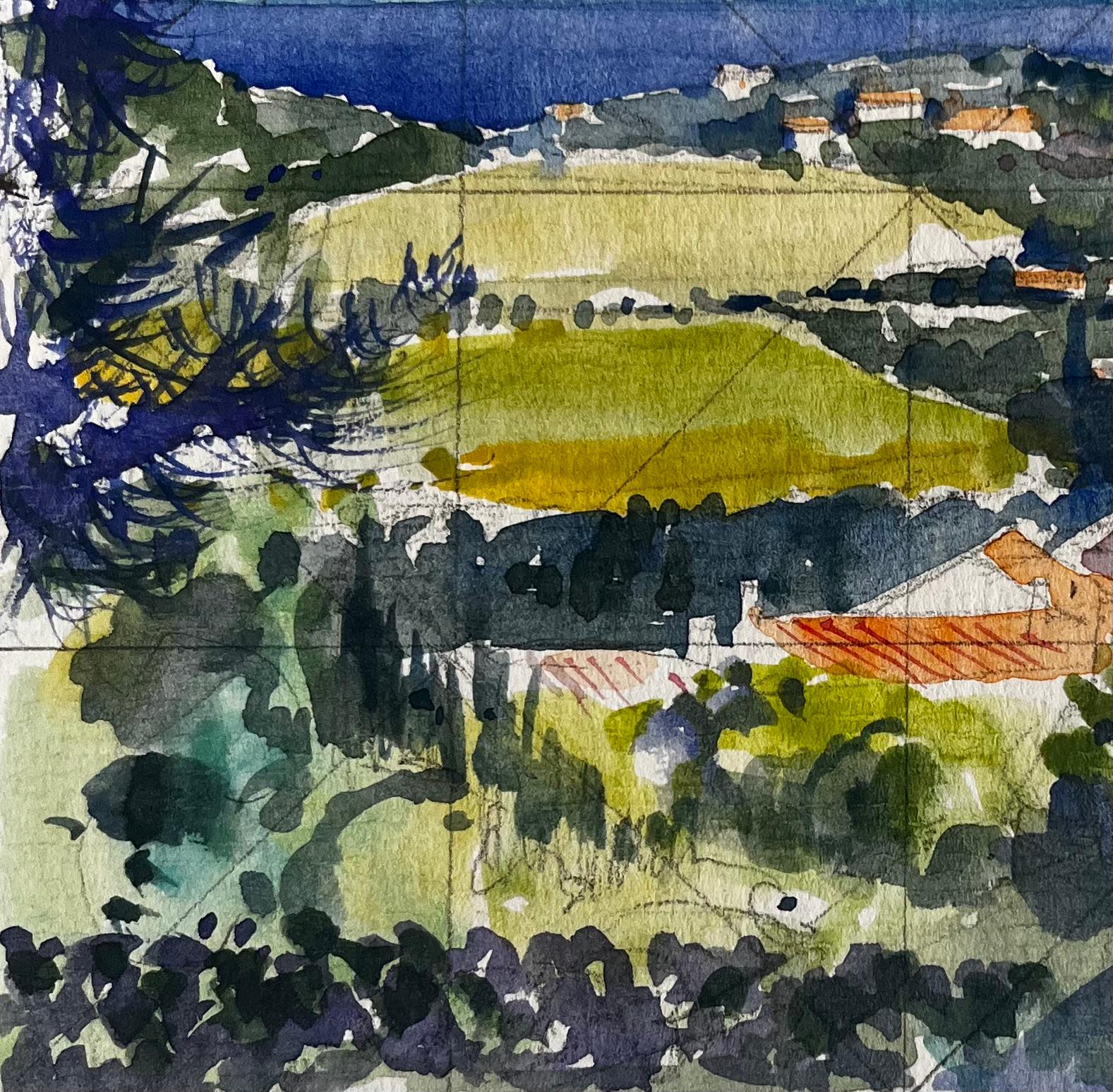 Chateauneuf Landscape Hillside View French Vineyards Sea Horizon and Village - Gris Landscape Painting par Pierre Neveu