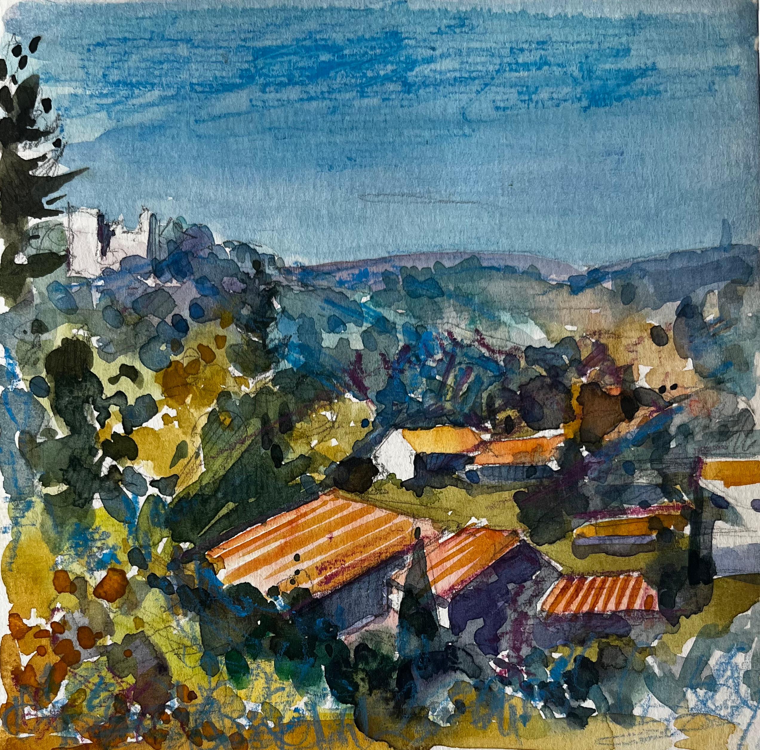 Luberon Hillside View Lacostec French Landscape Rooftops Trees and Blue Sky