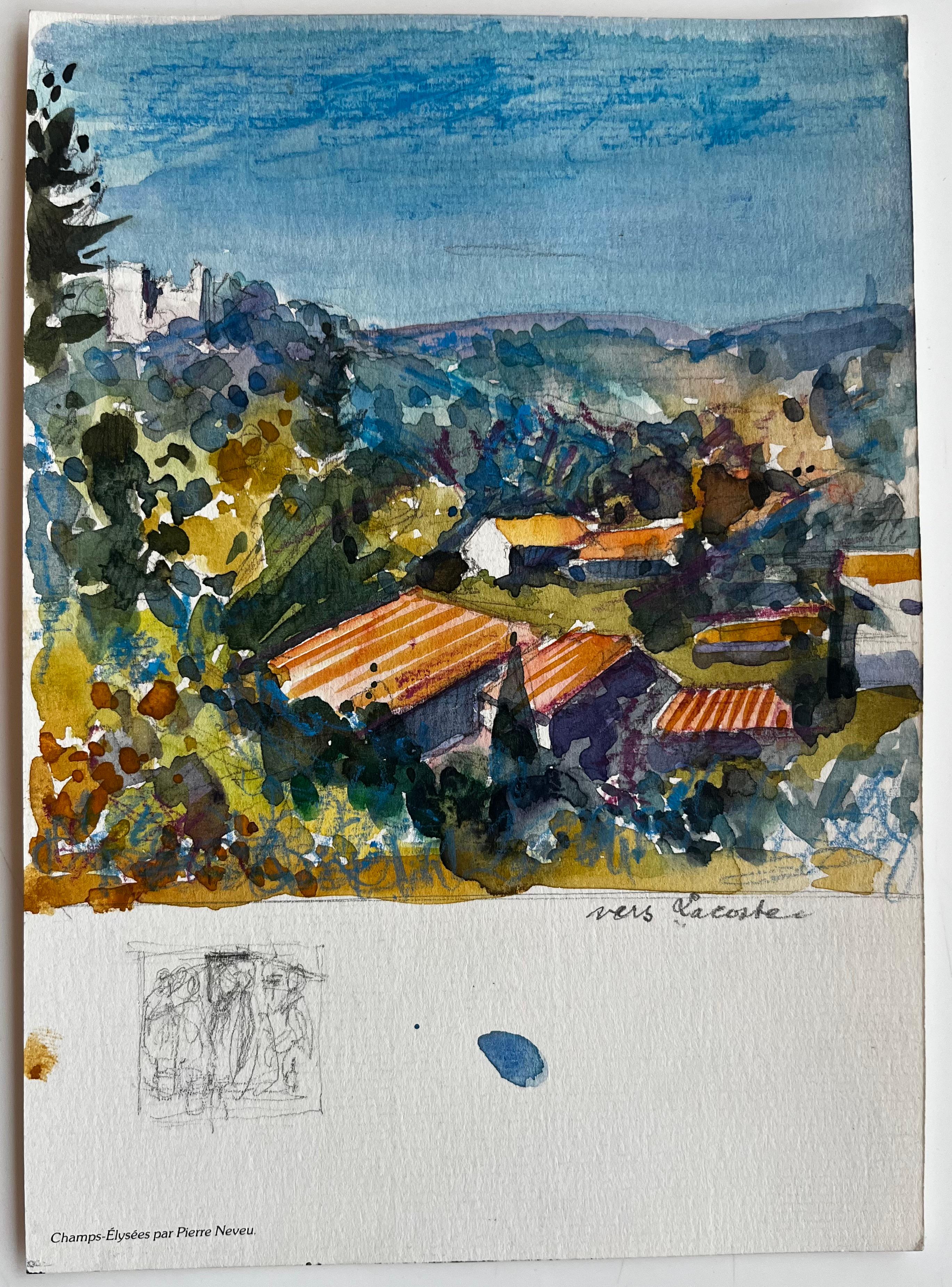 Luberon Vue à flanc de colline Lacostec Paysage français Toits Arbres et ciel bleu - Art de Pierre Neveu