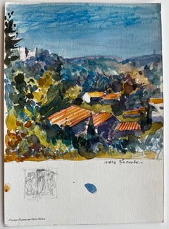 Luberon Vista Ladera Lacostec Paisaje Francés Tejados Árboles y Cielo Azul