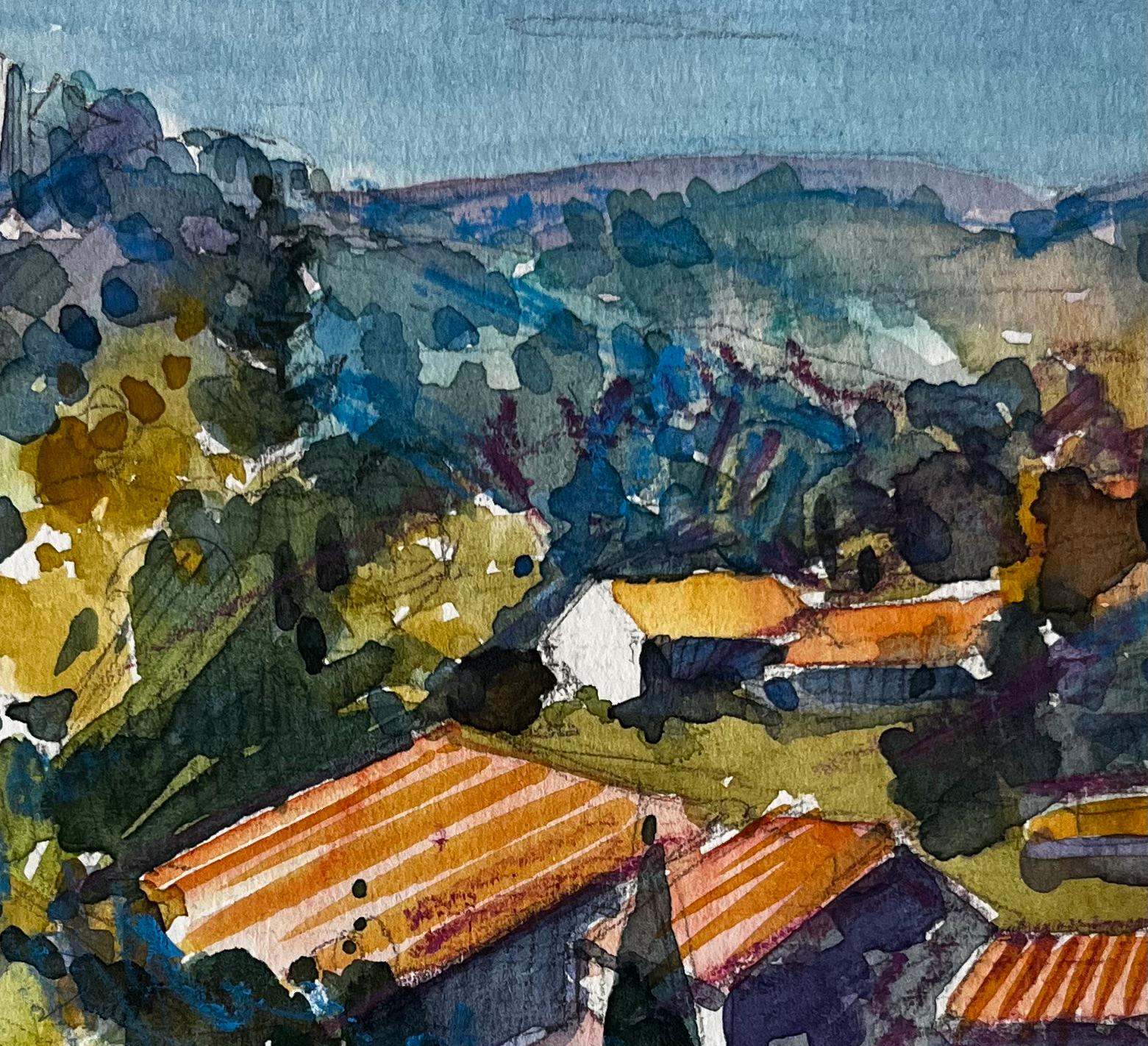 Luberon Vue à flanc de colline Lacostec Paysage français Toits Arbres et ciel bleu en vente 2