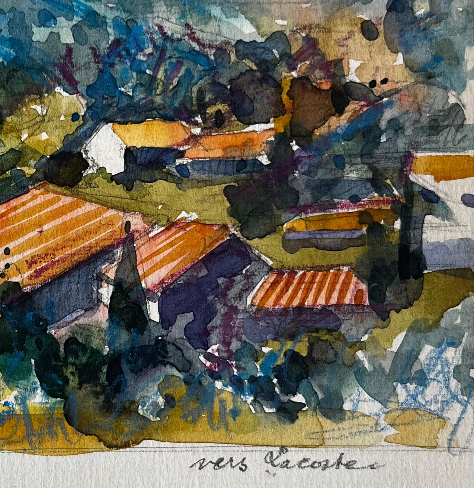 Luberon Vue à flanc de colline Lacostec Paysage français Toits Arbres et ciel bleu - Post-impressionnisme Art par Pierre Neveu