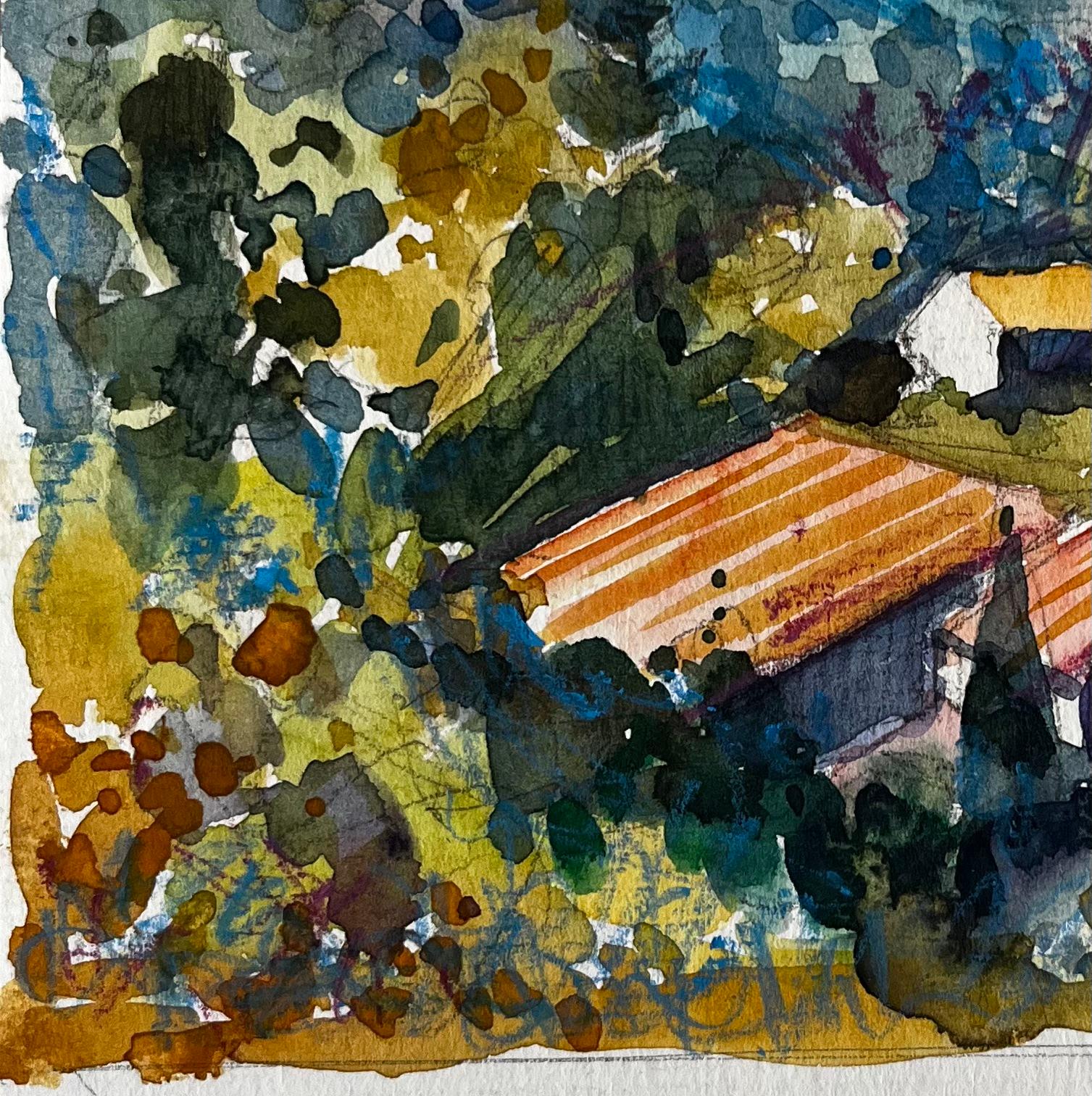 Luberon Vue à flanc de colline Lacostec Paysage français Toits Arbres et ciel bleu - Gris Landscape Art par Pierre Neveu