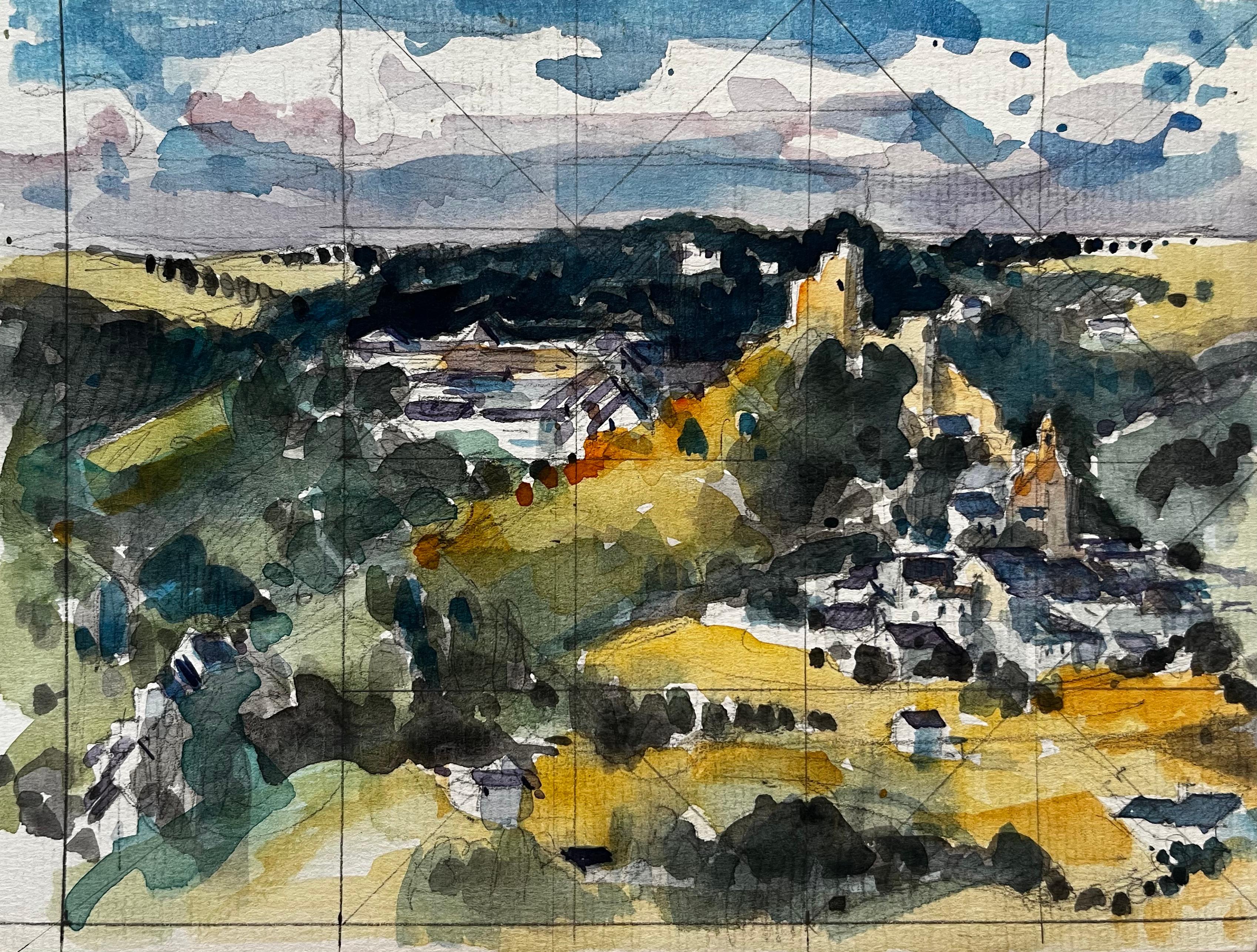 Expansive Hilltop Village View Countryside Fields Trees and Sky Watercolor