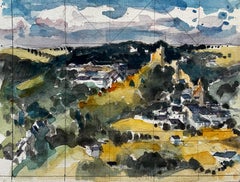 Expansive Hilltop Village View Countryside Fields Trees and Sky Watercolor