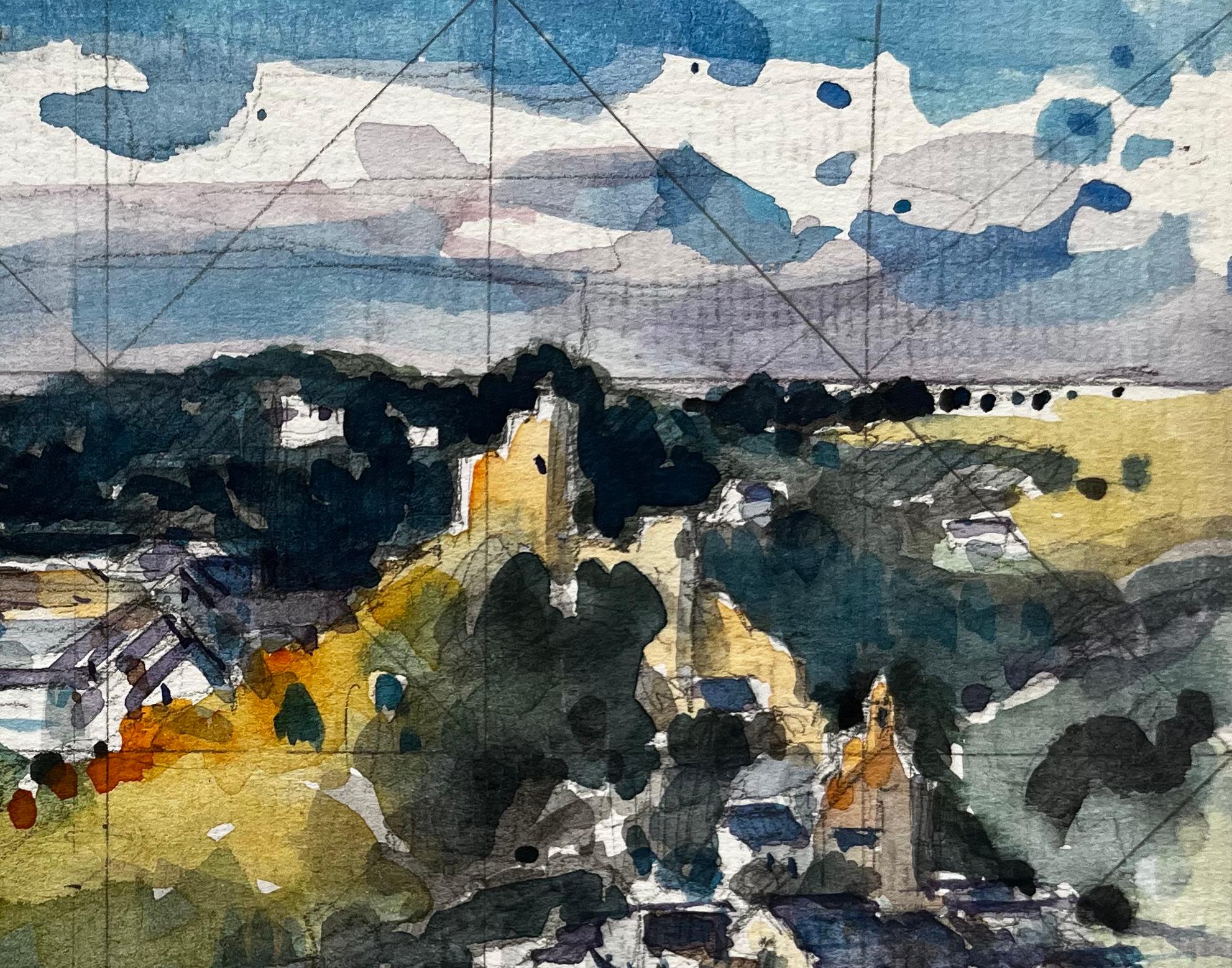 Vue de la campagne, des champs, des arbres et du ciel Aquarelle en vente 1