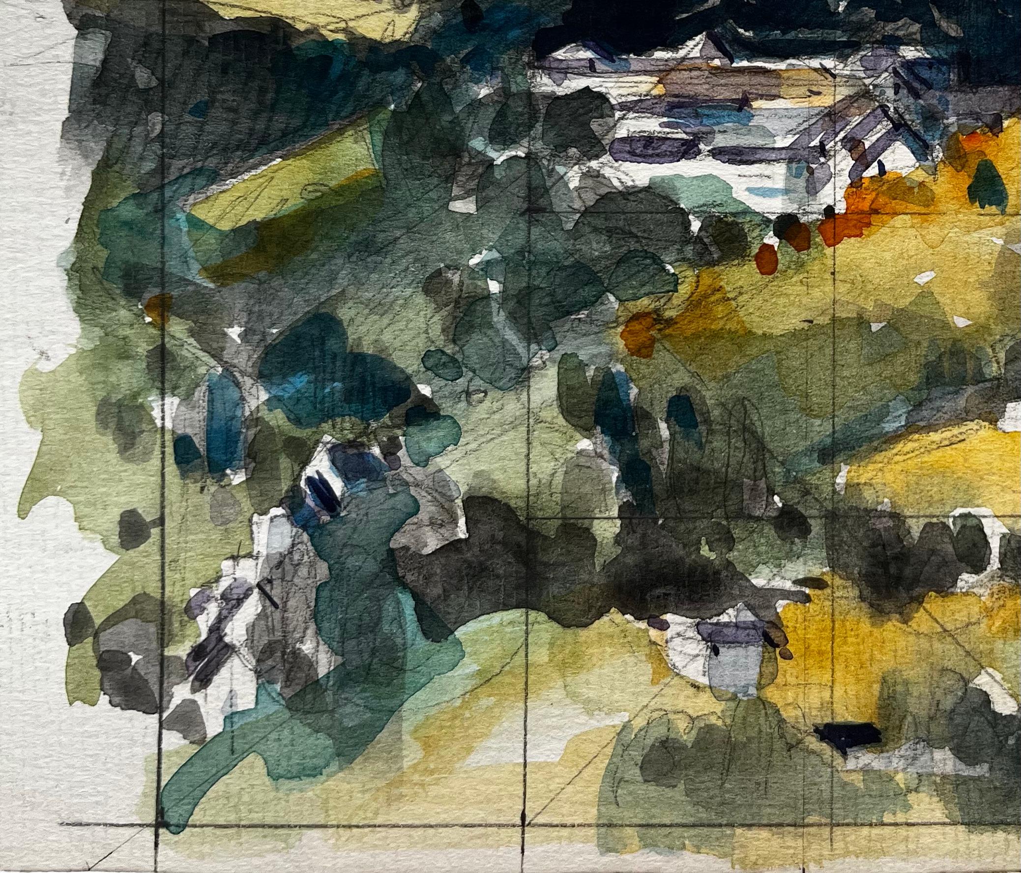 Vue de la campagne, des champs, des arbres et du ciel Aquarelle - Gris Landscape Art par Pierre Neveu