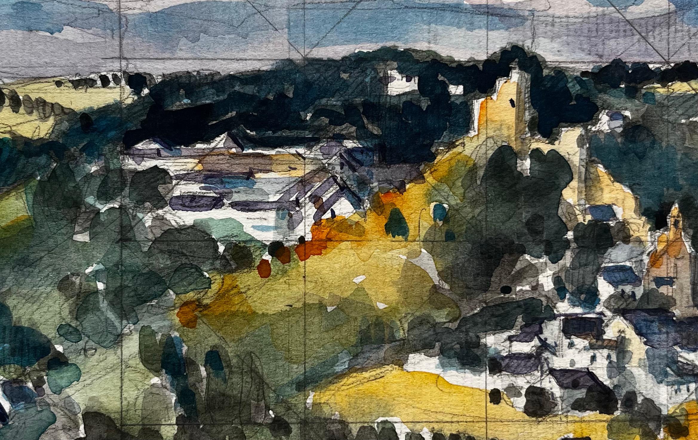 Vue de la campagne, des champs, des arbres et du ciel Aquarelle en vente 2