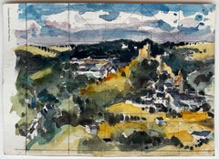 Expansive Hilltop Village View Countryside Fields Trees and Sky Watercolor