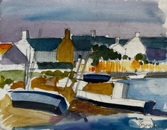 Coastal Village Boats Harbourfront Houses Trees and Water Watercolor
