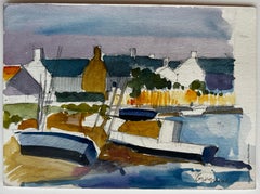 Coastal Village Boats Harbourfront Houses Trees and Water Watercolor