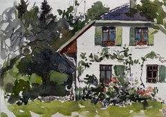 Country House Green Shutters Garden Flowers Trees and Lawn Watercolor