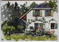 Country House Green Shutters Garden Flowers Trees and Lawn Watercolor