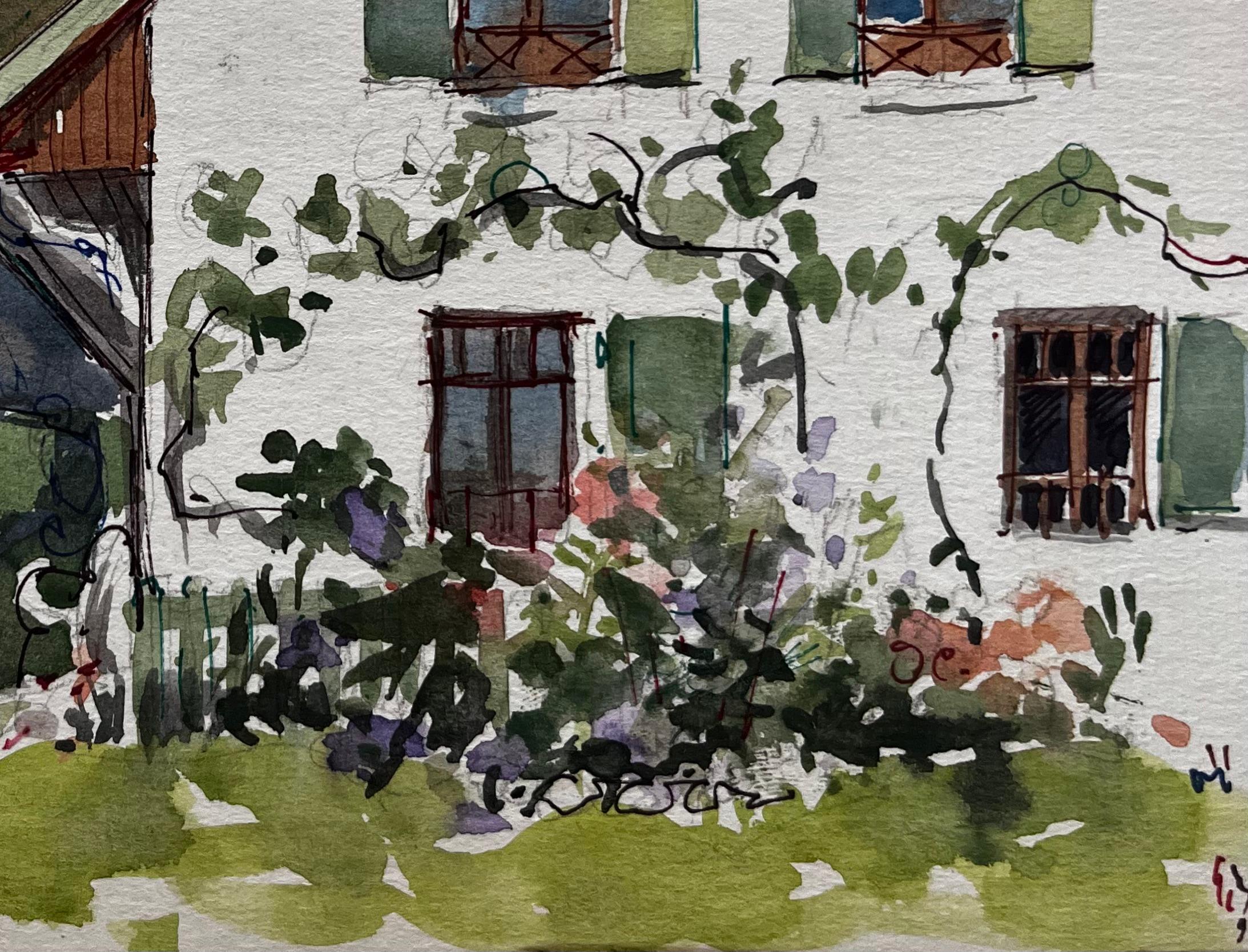 Casa di campagna Greene & Greene, persiane, giardino, fiori, alberi e prato, acquerello - Art Postimpressionismo di Pierre Neveu