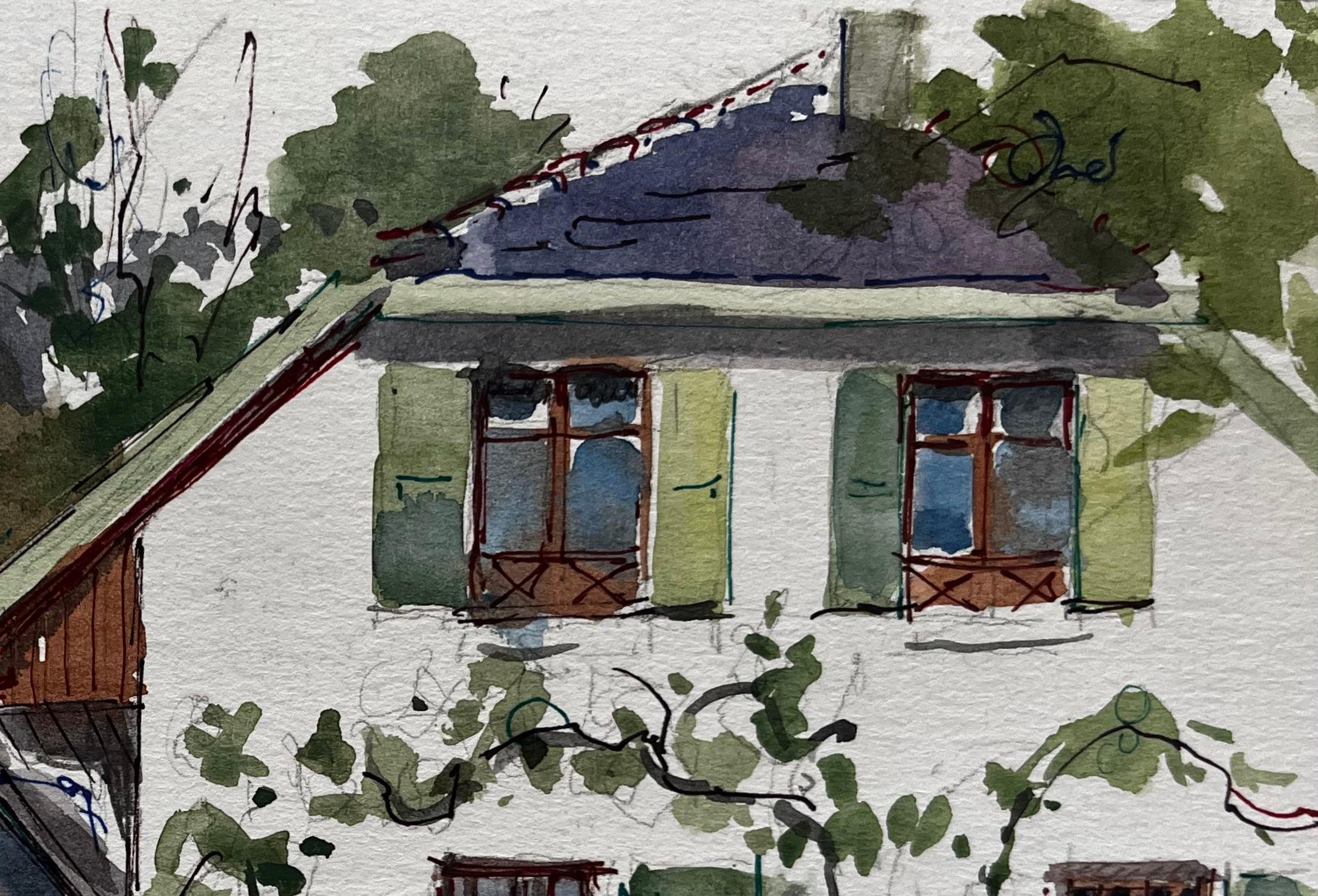 Casa di campagna Greene & Greene, persiane, giardino, fiori, alberi e prato, acquerello - Landscape Art Nero di Pierre Neveu