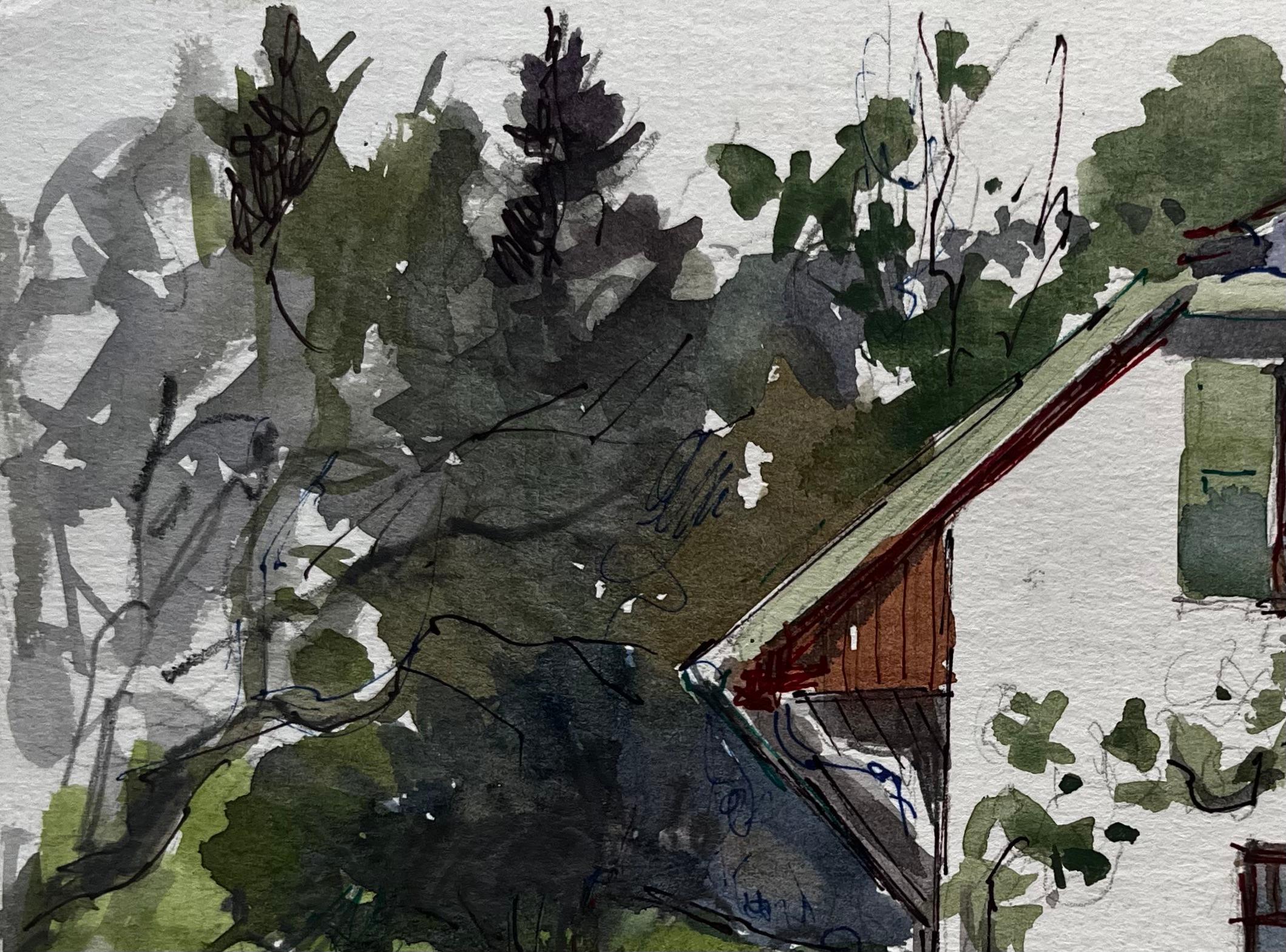 Casa di campagna Greene & Greene, persiane, giardino, fiori, alberi e prato, acquerello in vendita 1