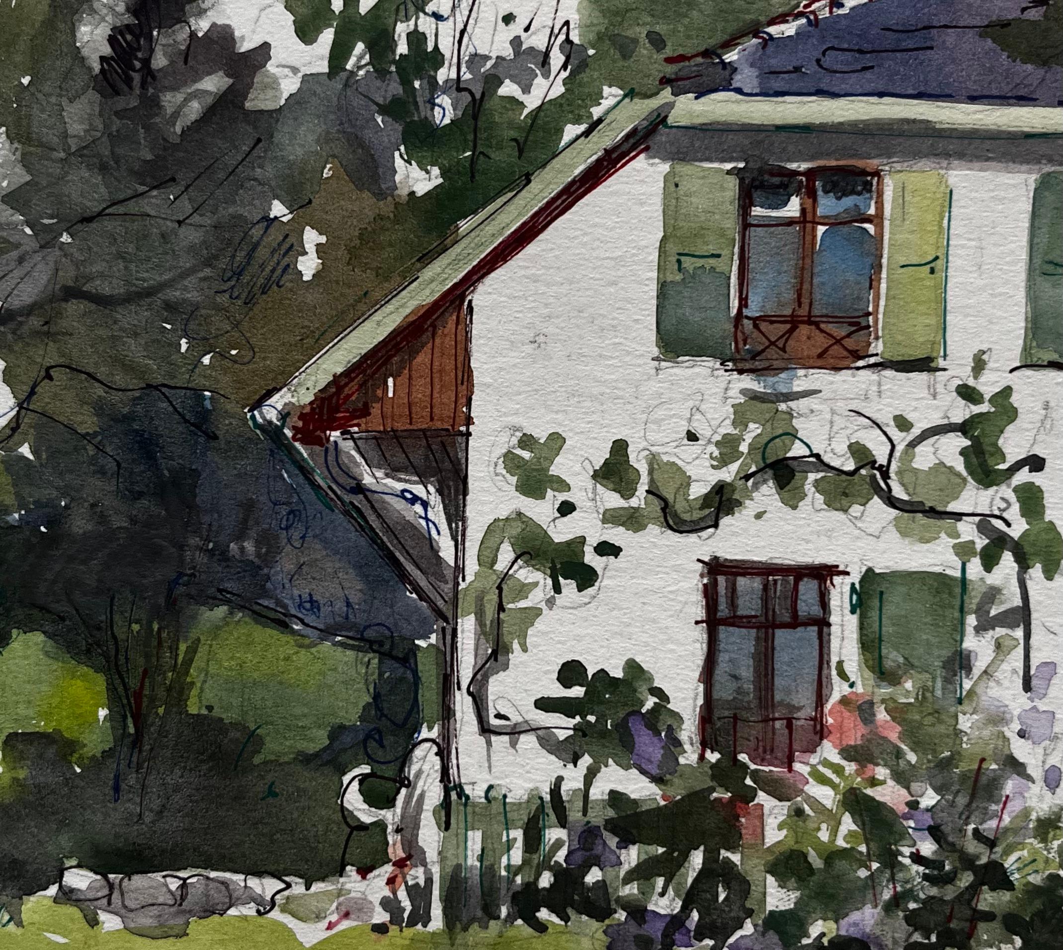 Casa di campagna Greene & Greene, persiane, giardino, fiori, alberi e prato, acquerello in vendita 2